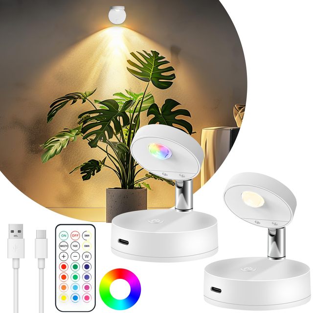 LED Spotlight RGB Artwork Puck Lights Rechargeable Wireless Wall Lamps with Remote Rotatable Head Magnetic Under Cabinet Light