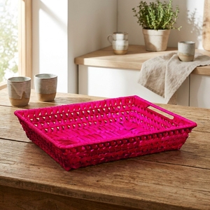 Hot Pink Woven Serving <b>Tray</b> Rectangular Decorative Storage <b>Basket</b> Container for Shelves Bathroom Bedroom and Home Office - Product Image 1