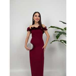 Vestido de Noche Elegante Negro de Satén con Hombros Descubiertos, Volantes y Cintura Natural, Modelo 3021 - Product Image 3