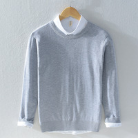 Sweat-shirt décontracté pour homme, col rond, manches longues, sans capuche, tricot fin, pur coton, hauts pour homme