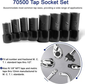 YJ-TT-0012 <strong>Tap</strong> <strong>Socket</strong> <strong>Set</strong> 1/4" &amp; 3/8" Drive Fractional MCTI Standard NPT &amp; Metric <strong>Taps</strong> up to 1/2" &amp; 12mm 8-Piece - Product Image 2