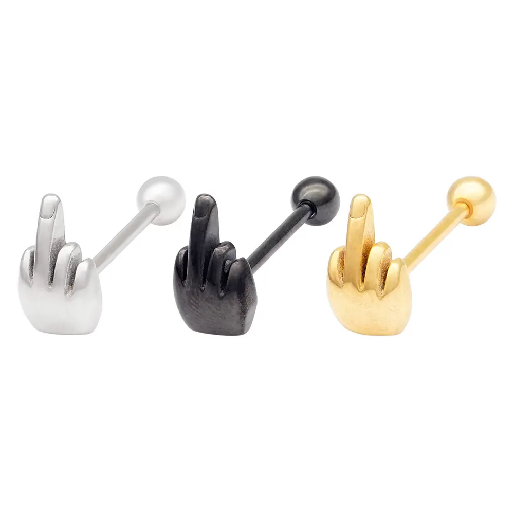 Creative Design Punk Rock Fadeless Anti Allergic Stainless Steel Fxck Middle Finger Tongue Ring Body Piercing Jewelry