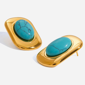 Geometric <b>Turquoise</b> <b>Stud</b> <b>Earrings</b> Gold Plated Stainless Steel Bezel Setting Everyday Wear Jewelry - Product Image 1