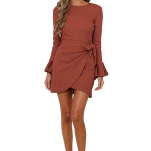Robes d'automne sur mesure en gros, robes élégantes pour femmes, col rond, manches longues, coupe ajustée, pour femmes - Product Image 4