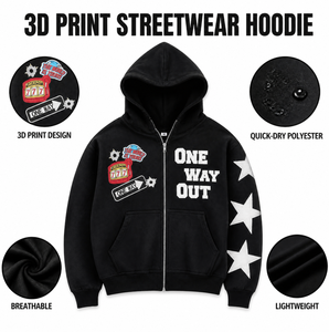Felpa con Cappuccio da Uomo con Stampa 3D, Streetwear, One Way Out, Asciugatura Rapida, Poliestere, Zip Intera, Effetto Vissuto, Casual - Product Image 4