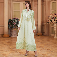 Robe longue Abaya Kaftan musulmane élégante à imprimé floral, broderie de sequins, décorations à franges, manches longues, col en V, respirante et légère