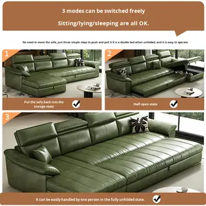 كرسي سرير قابل للطي مزدوج الاستخدام جديد نموذج سرير قابل للتمديد متكامل حديث زيت شمع جلد على شكل حرف L أريكة 3 مقاعد - Product Image 3