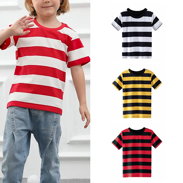Kids Unisex Crew Neck Tee Custom Logo Print 100% Cotton Short Sleeve Toddlers Boys Striped T-Shirts