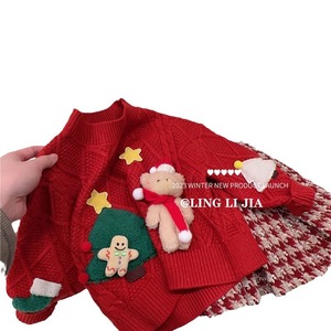 Girls Winter Sweater Set Thick Knitted Top And Skirt Checkered Cartoon Pattern Cotton Children Outfits - Product Image 5