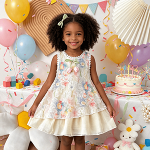 Abito da ragazza con stampa floreale e finiture in pizzo, senza maniche, con fiocco, decorazione a tulipano, doppio strato, casual, <span class=keywords><strong>per</strong></span> le vacanze estive - Product Image 1