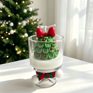 Christmas Tree Shaped Glass <b>Cup</b> Scented Candle Bowknot Design Xmas Table Decor Holiday Gift - Product Image 1