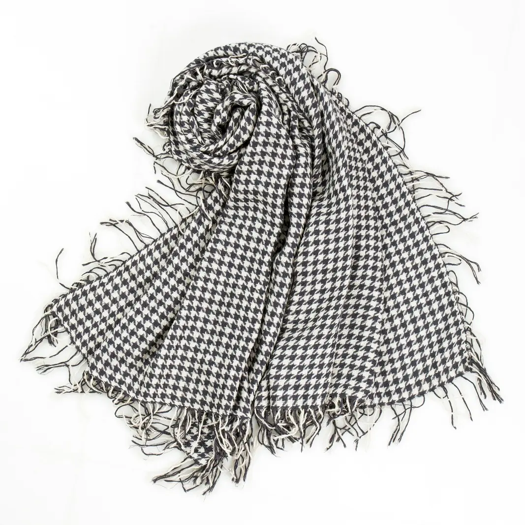 Silk Houndstooth Weave In Black White Color Luxury Mens Plaid Cashmere Scarf