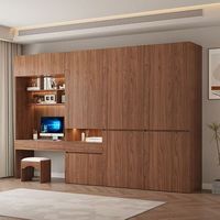 Armoire en bois de noyer avec bureau intégré, étagères ouvertes LED, tiroirs, montage facile, taille personnalisée, système de placard de chambre du sol au plafond