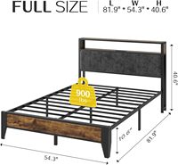 Lit plateforme vintage pleine taille avec tête de lit en métal, rangement à 2 niveaux, anti-grincement, éclairage LED et station de charge intégrée