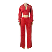 YX2296 - Ensemble deux pièces pour femme : cardigan à col rond zippé, coupe ajustée, effet délavé et vieilli, et pantalon large à cordon de serrage