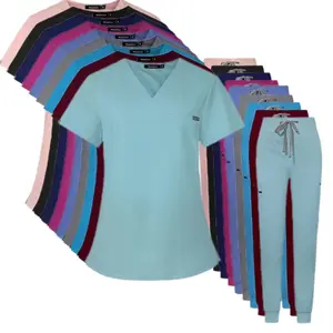 New V Neck Medical Nurse Uniform Sets Double Pockets Comfortable Hospital Scrub Suits For Unisex Spandex Stretch Spa Uniforms