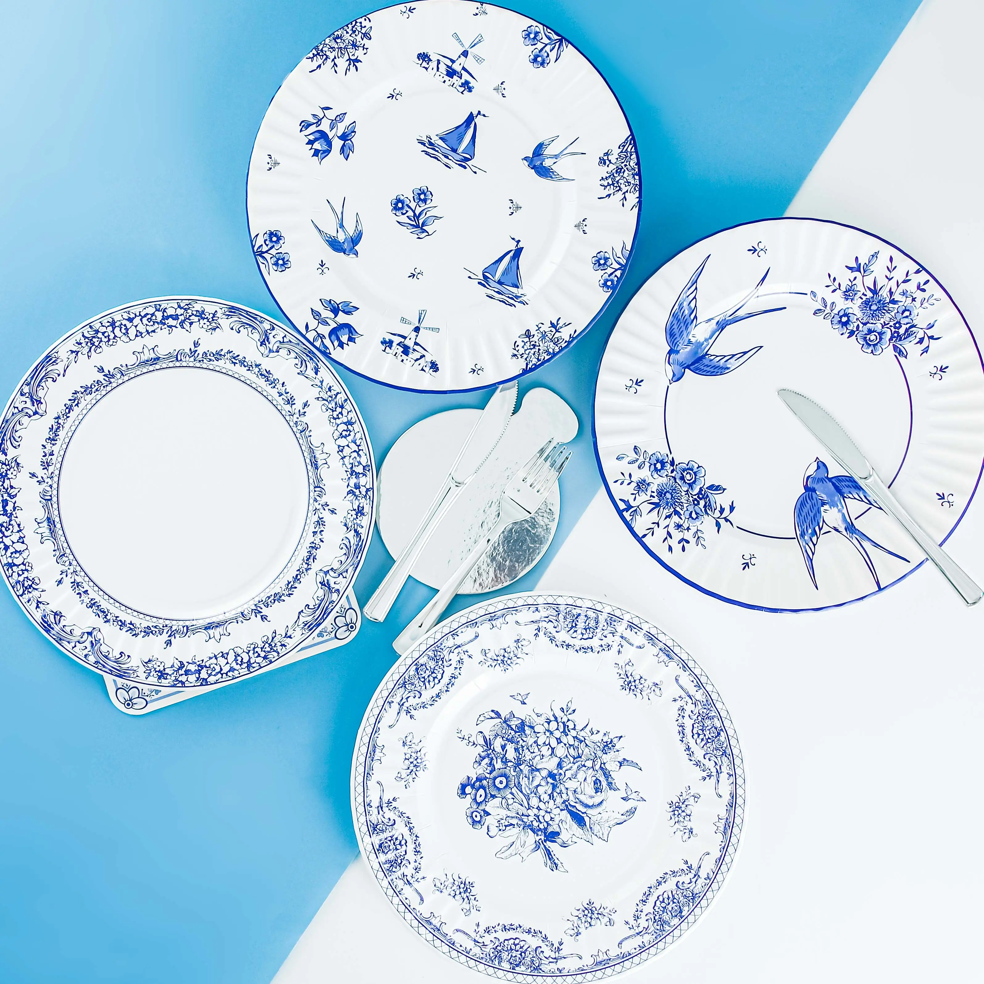 Синяя и белая Одноразовая бумажная тарелка в китайском стиле, 27 см