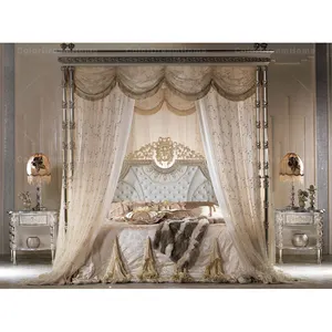 Ensemble de meubles pour la chambre à coucher de luxe à la française lit king size en bois sculpté à la main avec auvent lit à baldaquin royal sculpté en argent