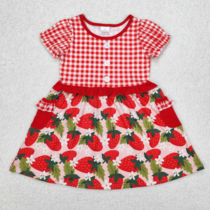 Ensemble de vêtements assortis pour sœurs, motif fraise à carreaux rouges, short et robe barboteuse bulle, vêtements d'été pour filles, vente en gros - Product Image 4