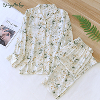 Ensemble de pyjama pour femme en viscose satinée de haute qualité, doux et léger, avec revers à motif floral froissé, manches longues et pantalon, idéal pour les séjours à domicile