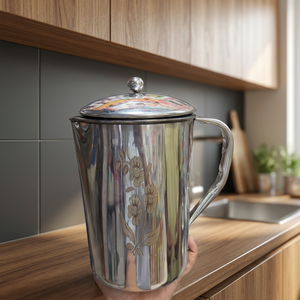 Stainless Steel Water Jug with Floral Design Lid Classic Home <b>Drinkware</b> <b>Accessory</b> Reusable Metal Pitcher - Product Image 2