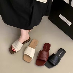 Korean Style Women <b>Slides</b> Open Toe PU Leather Soft Summer Slippers For Beach And Casual Wear - Product Image 3