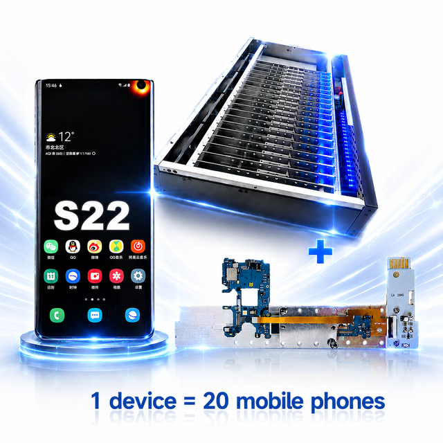 S22 20PCS Motherboard Server Box with Phone Box Farm LAN USB OTG Interface and App Testing and Social Media Workflows