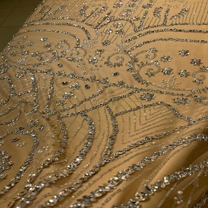 Beaded Embroidery Lace <b>Fabric</b> with Crystal Floral Design Premium Textile for Wedding Dress Evening Gown Couture Fashion Apparel - Product Image 1