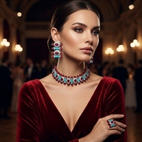 Parure de bijoux ethniques de luxe vintage en laiton plaqué or blanc avec rubis et turquoise pour femme, 4 pièces, pour mariage