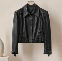 Veste Courte Femme en Cuir de Mouton Marron à Col Revers, Manteau Chemise en Cuir Véritable à Taille Froncée et Boutonnage Simple pour Printemps Automne