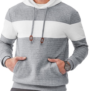 Casual <b>Waffle</b> Knit Pullover Hooded Sweatshirt Long Sleeve with Lightweight Drawstring Color <b>Block</b> and Embroidered Kanga Pocket - Product Image 3