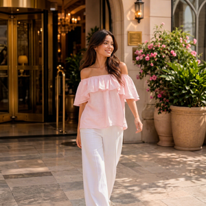 Trendy Bohemian <b>Off</b>-<b>Shoulder</b> Blouse Wide Leg Trouser Set | Breathable Cotton Linen Summer Co-ord Set | Wholesale Women Vacation - Product Image 1