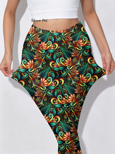Leggings de yoga à imprimé botanique vintage, haute élasticité, effet ventre plat, coupe ajustée, pantalon de sport orné, collants de sport - Product Image 1