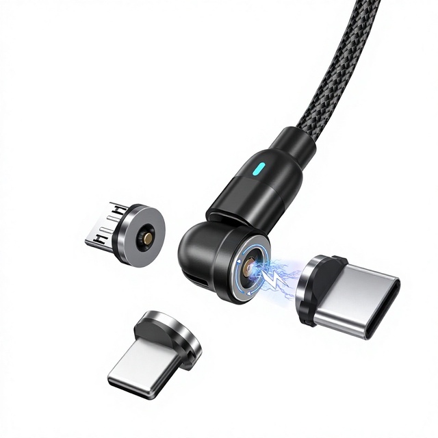 Rotating Magnetic Suction Braided Data Cable /Micro USB/Type-C Connectors 540 Degree Blind Suction Three-in-One Bent