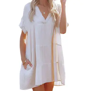 Best Quality V-neck Cotton Linen Loose Top Beach Sunscreen A-line Dress