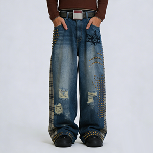 Pantalones <span class=keywords><strong>vaqueros</strong></span> de mezclilla <span class=keywords><strong>para</strong></span> <span class=keywords><strong>hombre</strong></span> al por mayor, <span class=keywords><strong>con</strong></span> patchwork, paneles a cuadros, bordados, remaches, lavado a la piedra, pierna recta, estilo Y2K, directo de fábrica - Product Image 2