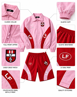 Set Jaket dan Celana Pendek Pria Warna Pink Merah Custom, Ritsleting Penuh, Panel Kontras, Pinggang Elastis, Pakaian Olahraga Retro, Streetwear