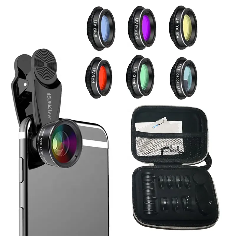 ISUNGlow aksesori fotografi ponsel 15 in 1 Kit lensa ponsel Fisheye lensa Zoom lebar kaleidoskop Set lensa Filter UV warna CPL