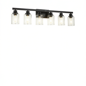 Modern 6-<b>Light</b> 37 Inch Bathroom Vanity <b>Light</b> Black Iron Finish Clear <b>Glass</b> <b>Shades</b> Warm White Incandescent Surface Mounted - Product Image 1