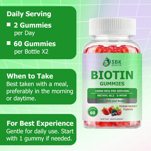 Petit MOQ 10000mcg Gummies à la biotine saveur fruits rouges pour une peau éclatante et des cheveux plus épais, complément de biotine avec vitamines B6 et D3 - Product Image 6
