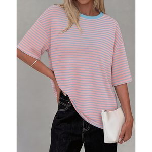 T-shirt rayé à manches courtes et col rond pour femme, haut d'été en coton tricoté surdimensionné, tenue décontractée - Product Image 2