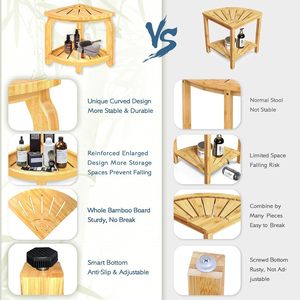 Tabouret d'angle en bambou en forme d'éventail 35,5x35,5x42 cm, siège de douche avec étagère pour les essentiels de bain - Product Image 3