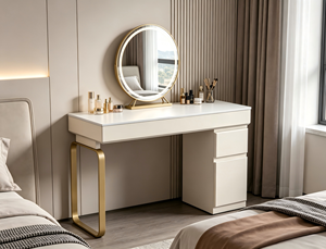 Mesa <span class=keywords><strong>de</strong></span> Manicura para Salón <span class=keywords><strong>de</strong></span> Uñas Color Blanco Crema con Cajones, Mesa <span class=keywords><strong>de</strong></span> Manicura Moderna con Patas <span class=keywords><strong>de</strong></span> Metal Dorado - Product Image 3