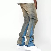 Pantalon en denim vintage bleu personnalisé design trou de détresse évasé fit blue jeans graffiti peinture éclaboussures élastique hommes jeans fabricant