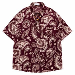 <span class=keywords><strong>Chemise</strong></span> Blesstop en tissu Paisley bordeaux <span class=keywords><strong>avec</strong></span> détail écharpe perlée, <span class=keywords><strong>chemise</strong></span> à logo brodé sur la poche pour <span class=keywords><strong>homme</strong></span>, tenue décontractée d'été - Product Image 2