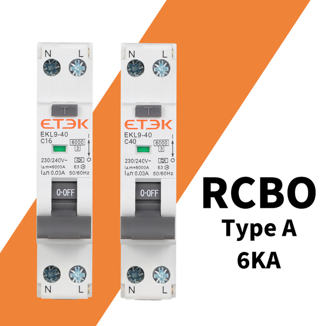 ETEK 18MM RCBO Type a Residual Automatic Circuit Breaker 6KA 1P+N 2P 6-40A 230V Over Current Leakage Protection 30mA EKL9-40