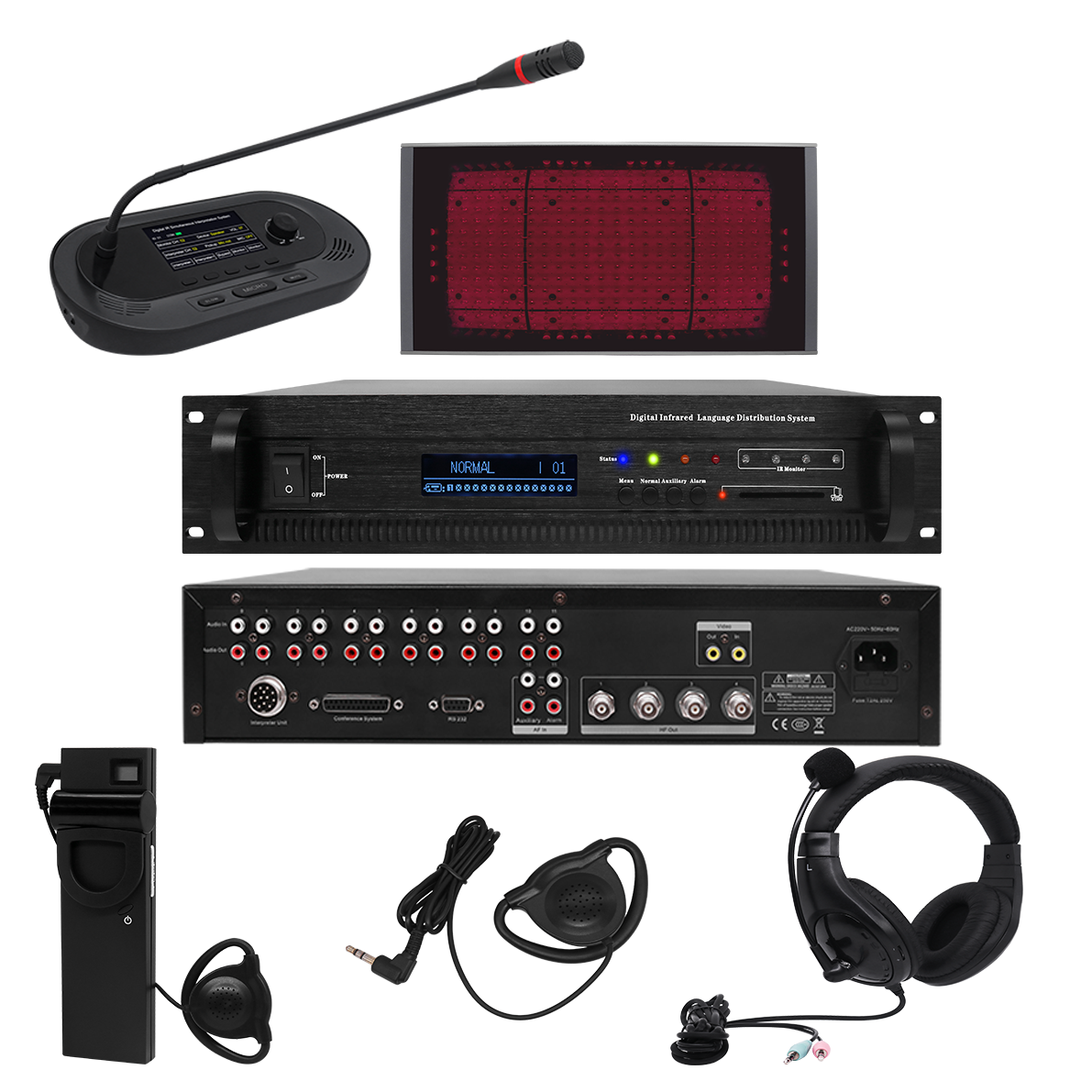 Sistema de interpretação simultânea IR com console/transmissores/receptor/unidade central e microfone