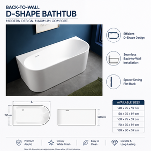 Bañera en Forma de D que Ahorra Espacio, Colocada Contra la Pared |   Bañera Acrílica Moderna Independiente de 1.7m con Diseño de Respaldo Plano para un Baño Pequeño y Eficiente - Product Image 1