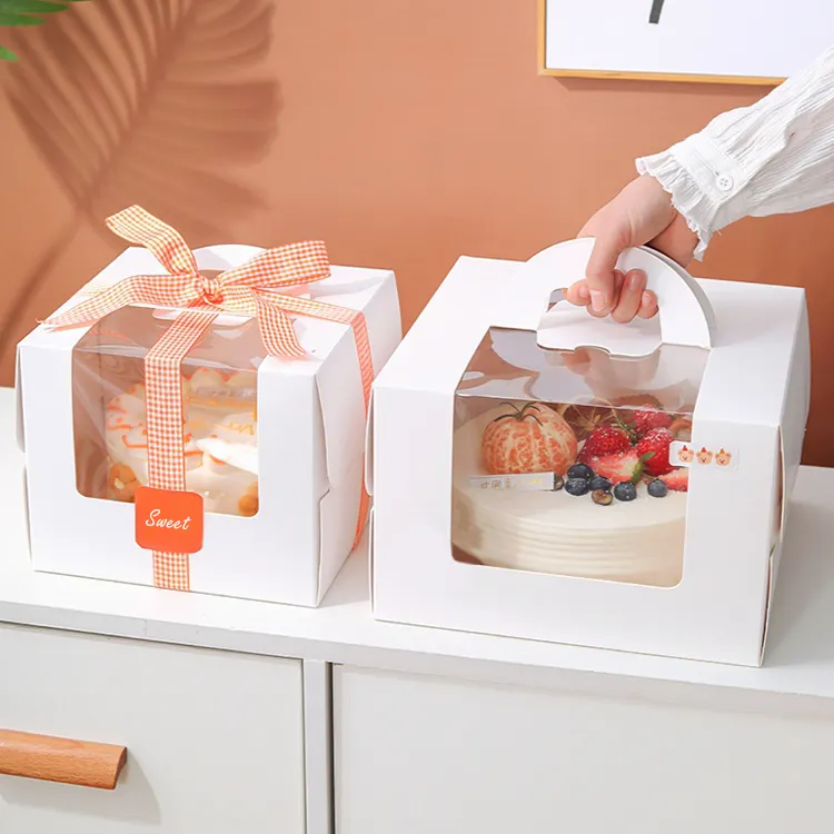 Özelleştirilmiş kağıt kek kutusu, kol çantası, katlanır kek taşıyıcı kutu Pet pencere ekmek kutuları
