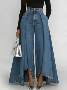 Fashion Faux Denim Printed Solid Color Button Design Casual Trousers Loose Large Flared Straight Leg Pants - Product Image 1